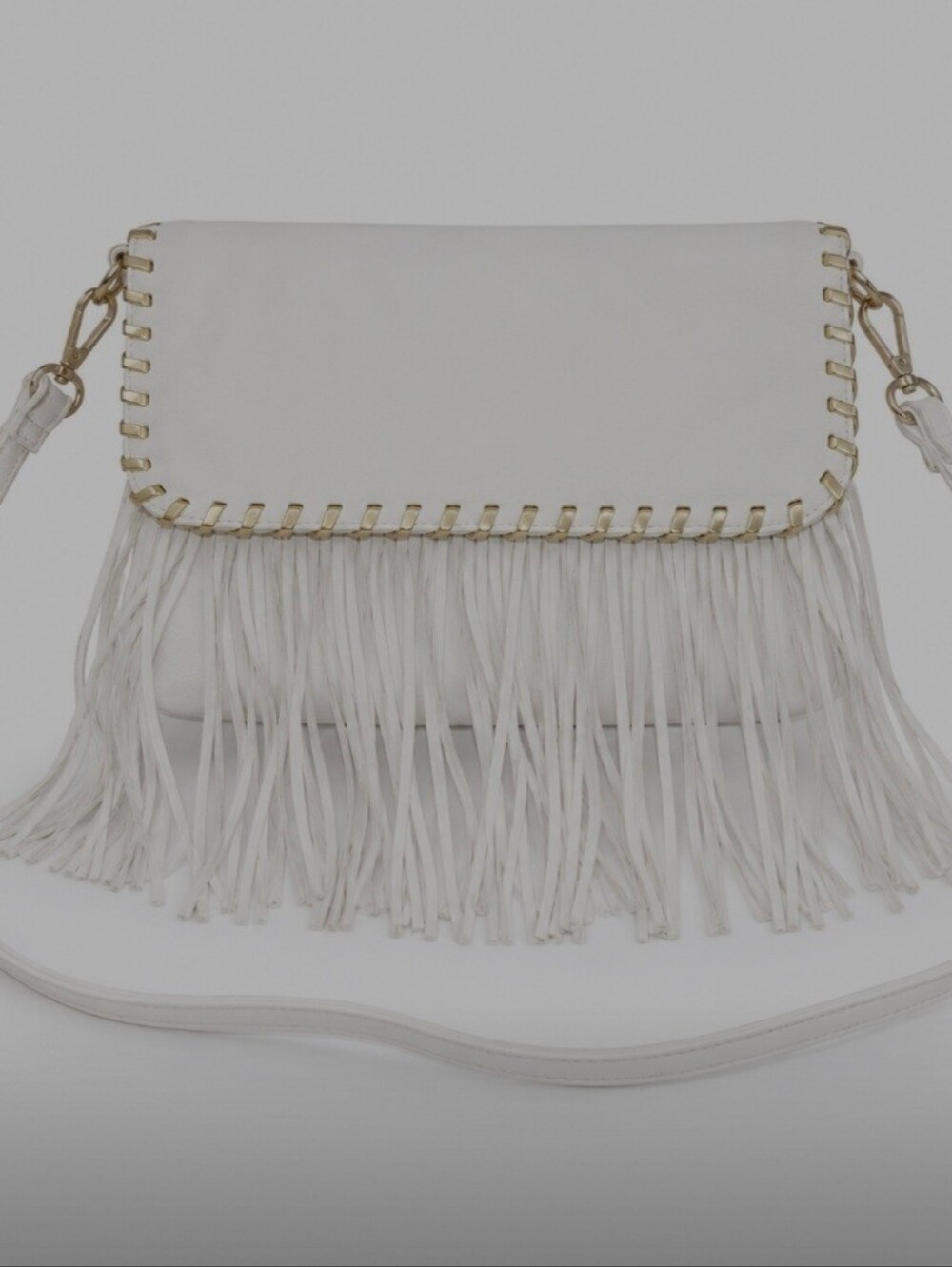 Steven Madden Leather Fringe White Crossbody Bag Purse with Gold Stitch Trim